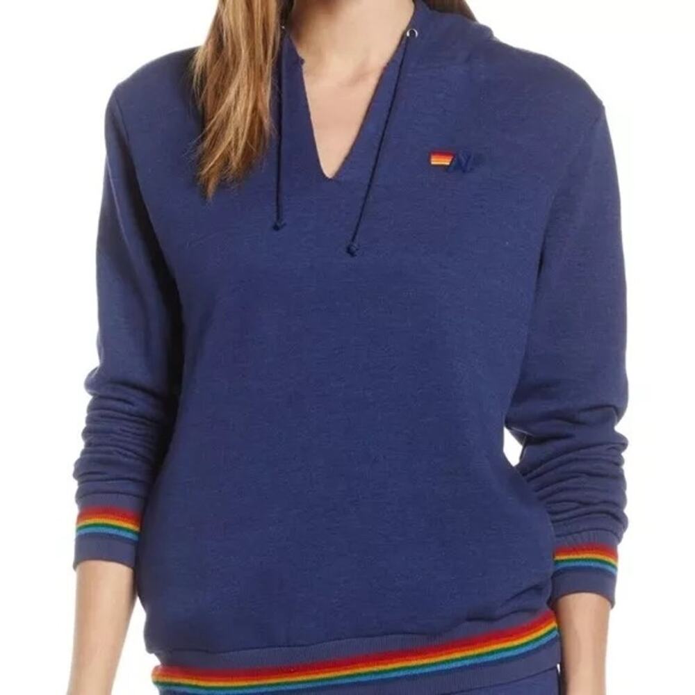 Aviator Nation Blue Hoodie with Rainbow Accents
